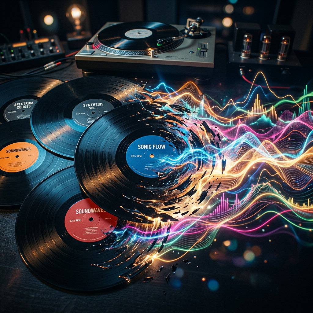 Overlapping vinyl dissolving into glowing sound waves